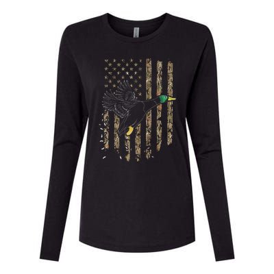 Duck Hunter American Flag Waterfowl Hunting Camouflage Womens Cotton Relaxed Long Sleeve T-Shirt