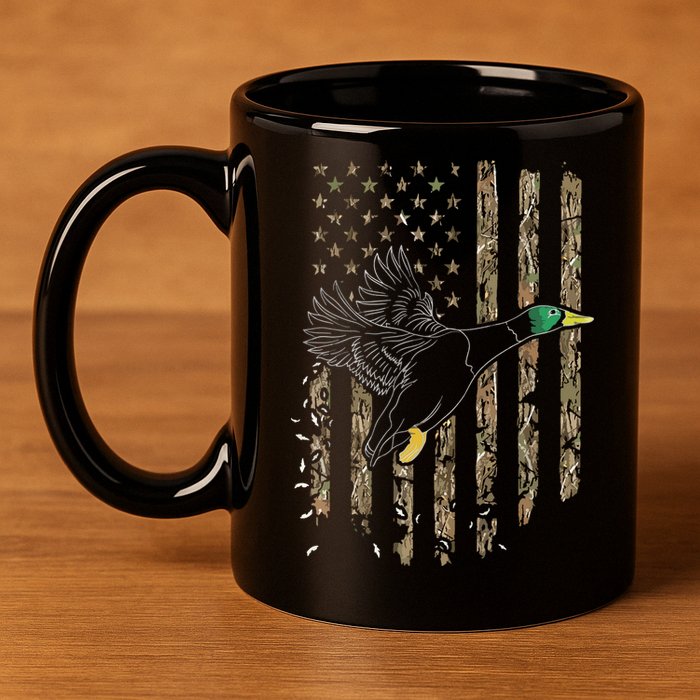 Duck Hunter American Flag Waterfowl Hunting Camouflage 11oz C Handle Ceramic Mug
