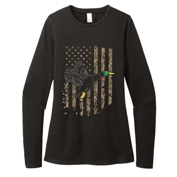 Duck Hunter American Flag Waterfowl Hunting Camouflage Womens CVC Long Sleeve Shirt