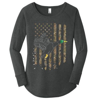 Duck Hunter American Flag Waterfowl Hunting Camouflage Women's Perfect Tri Tunic Long Sleeve Shirt