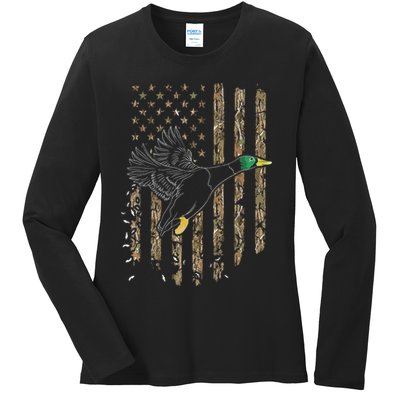 Duck Hunter American Flag Waterfowl Hunting Camouflage Ladies Long Sleeve Shirt