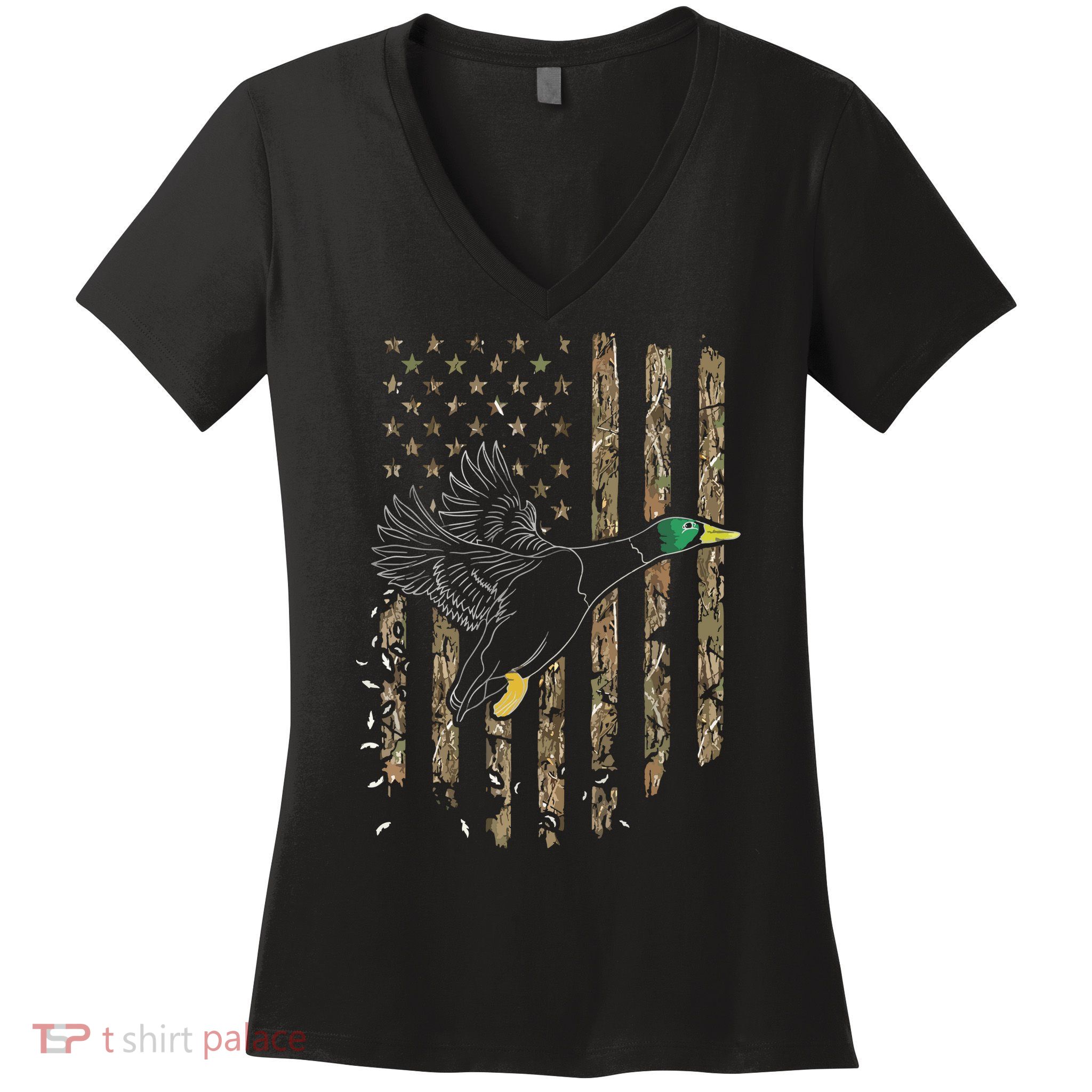 Duck Hunter American Flag Waterfowl Hunting Camouflage Women's V-Neck T-Shirt