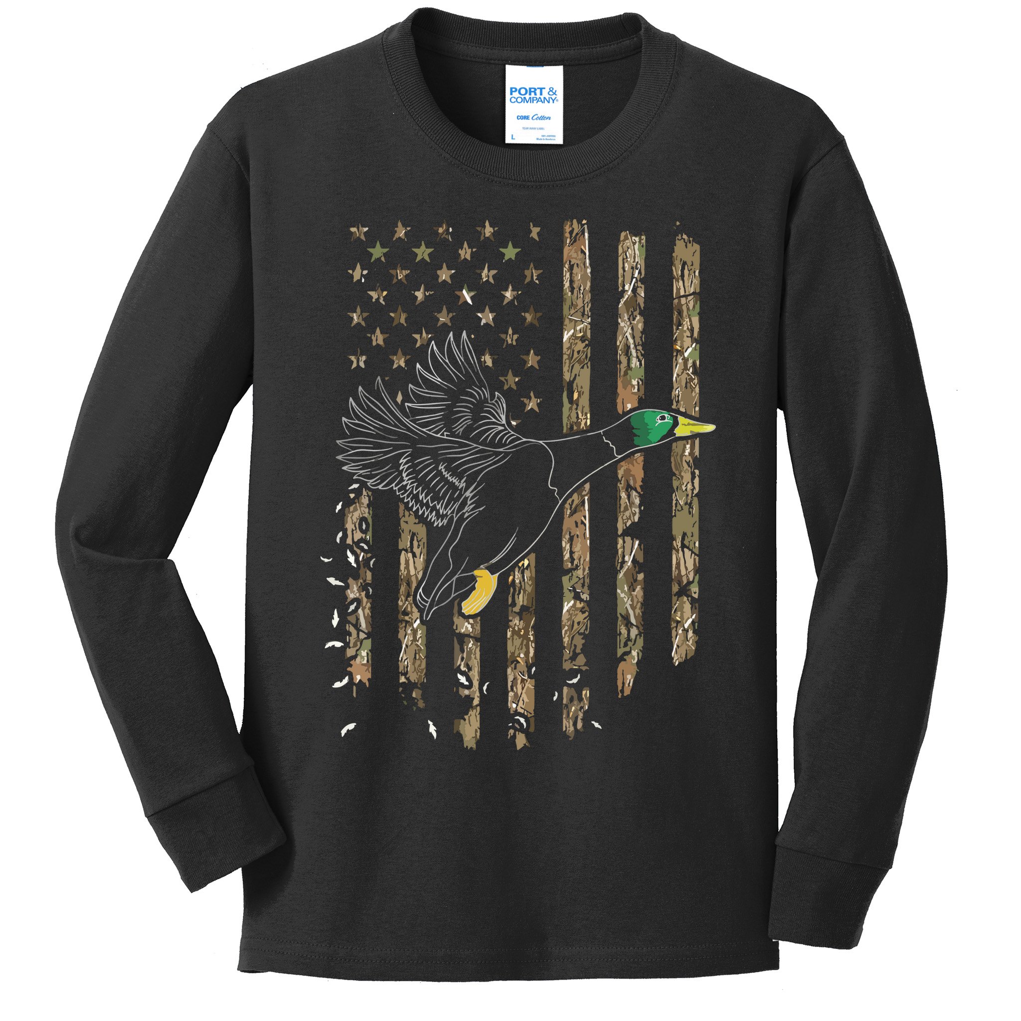 Duck Hunter American Flag Waterfowl Hunting Camouflage Kids Long Sleeve Shirt