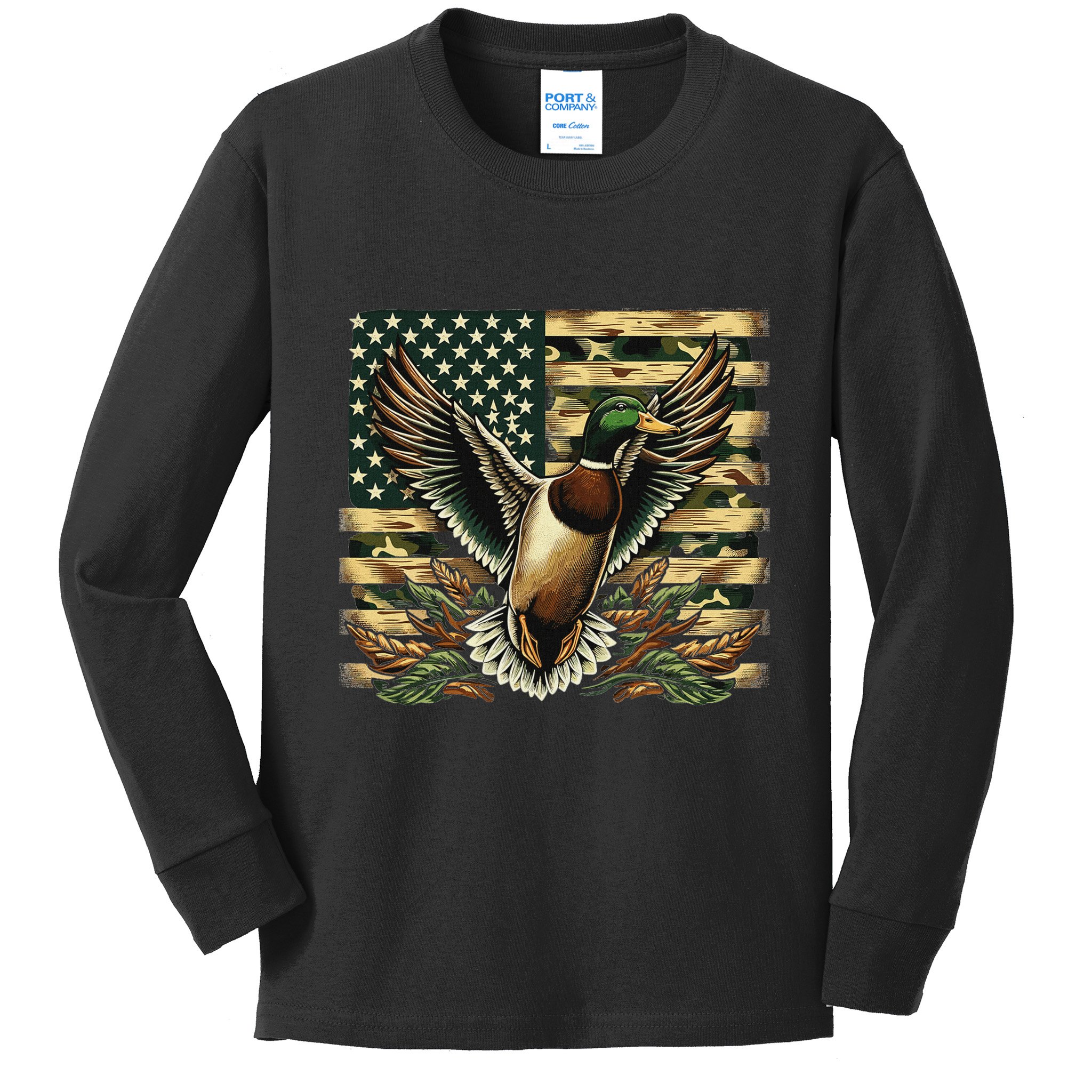 Duck Hunter American Flag Camouflage Hunting Kids Long Sleeve Shirt