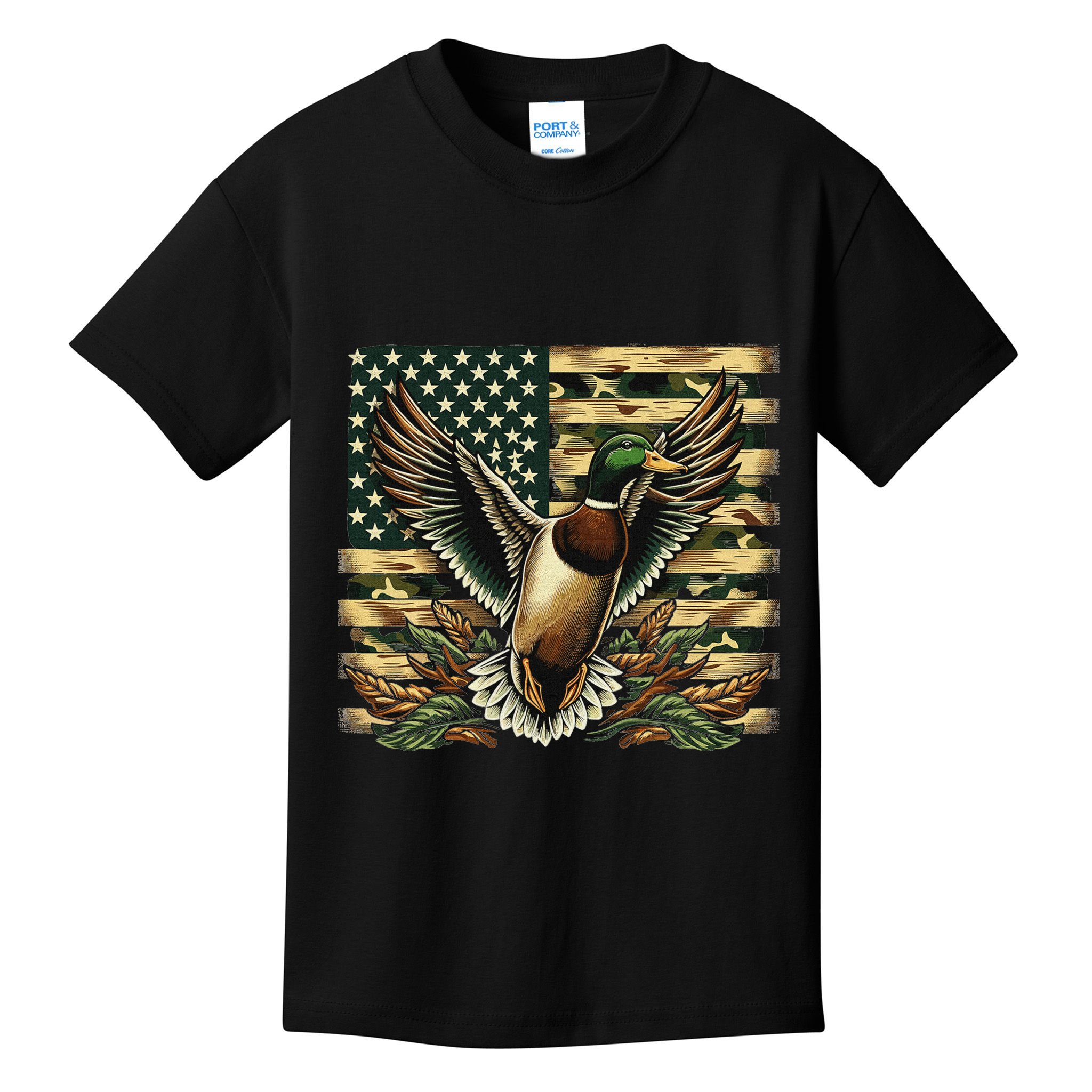 Duck Hunter American Flag Camouflage Hunting Kids T-Shirt