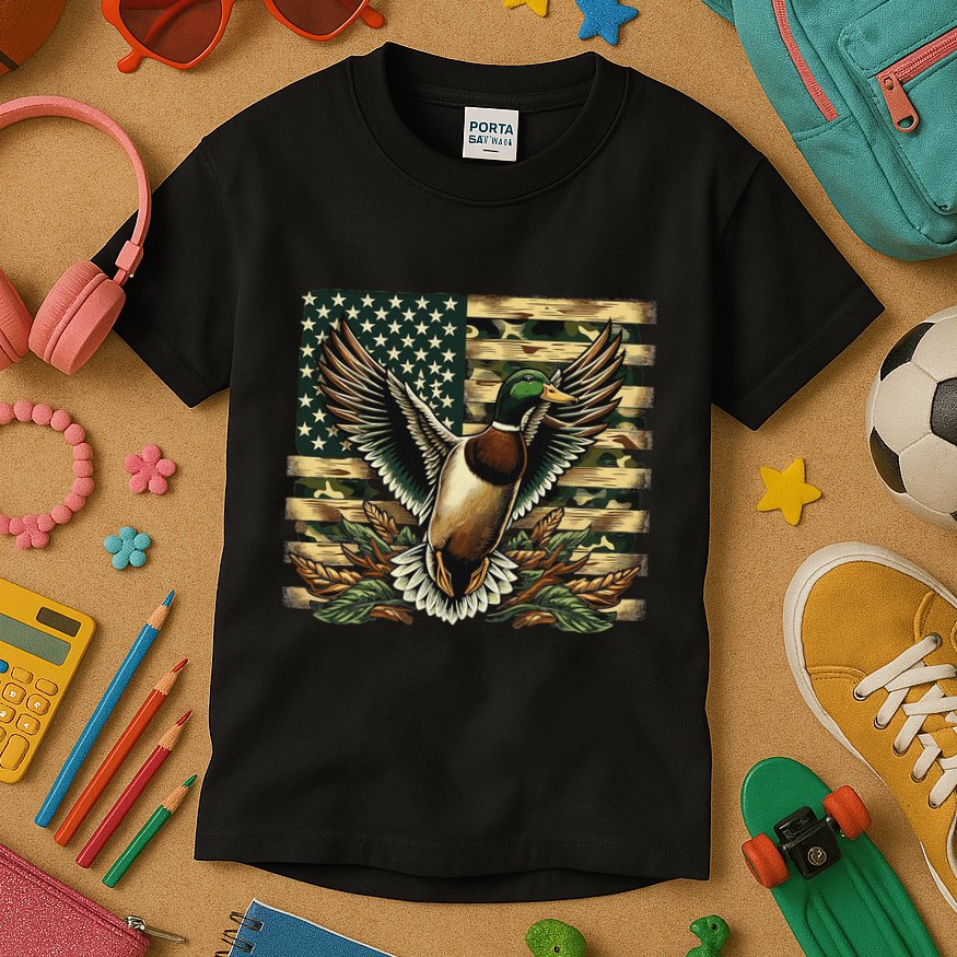 Duck Hunter American Flag Camouflage Hunting Kids T-Shirt