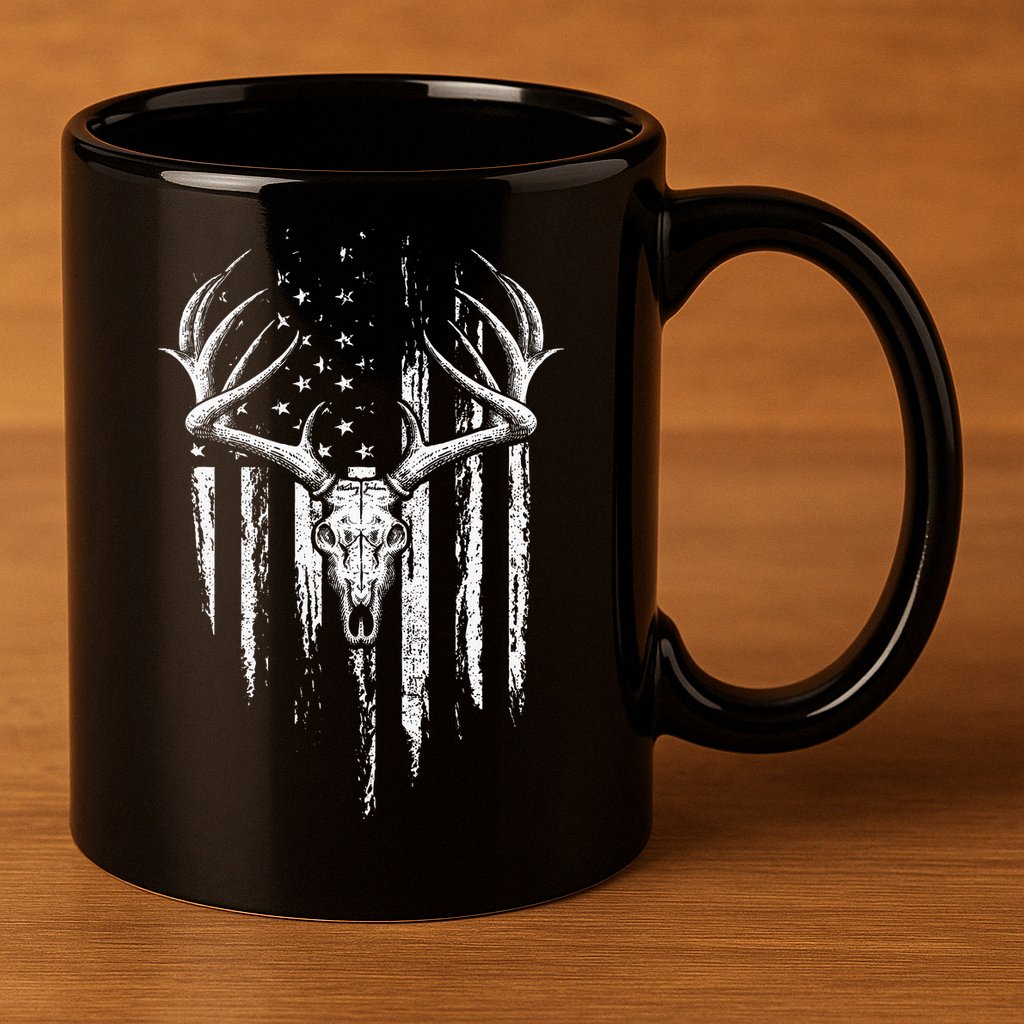 Deer Hunting American Flag Bowhunting Whitetail Bow Hunter 11oz C Handle Ceramic Mug