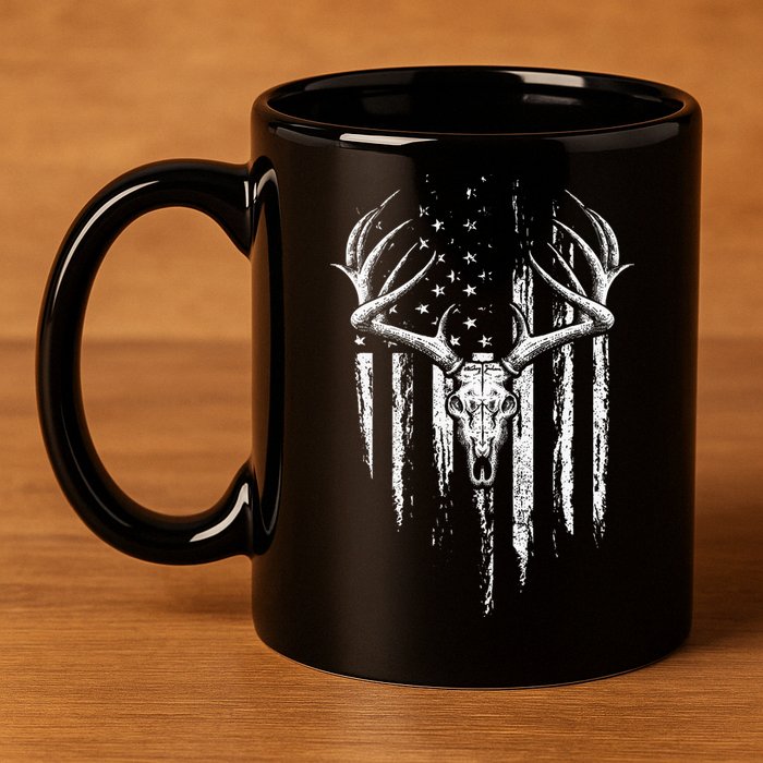 Deer Hunting American Flag Bowhunting Whitetail Bow Hunter 11oz C Handle Ceramic Mug