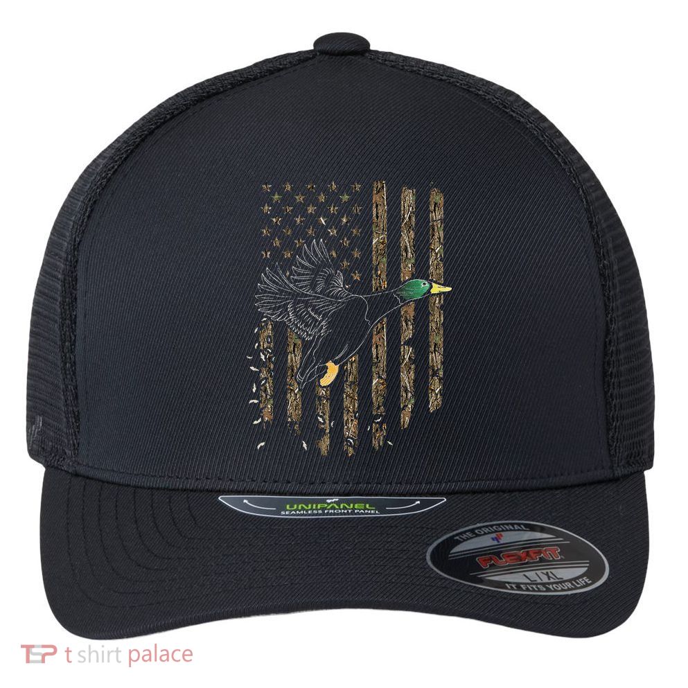 Duck Hunter American Flag Waterfowl Hunting Camouflage Flexfit Unipanel Trucker Cap
