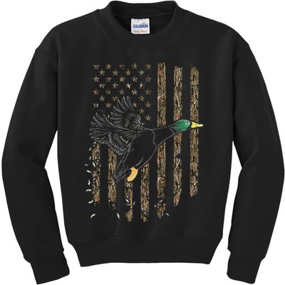 Duck Hunter American Flag Waterfowl Hunting Camouflage Kids Sweatshirt