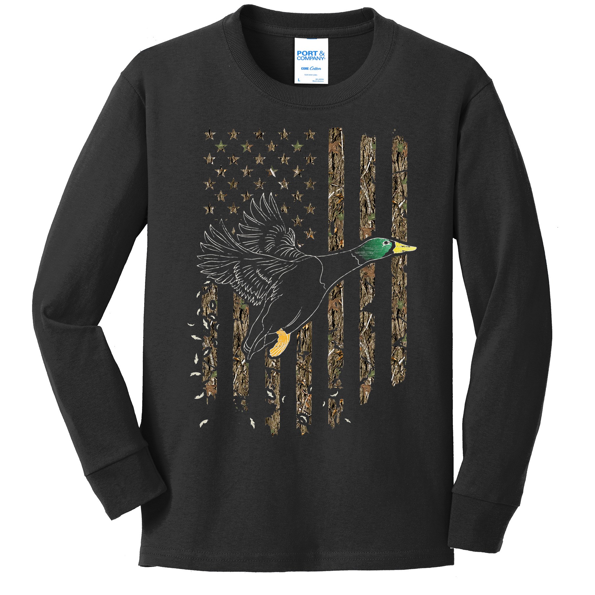 Duck Hunter American Flag Waterfowl Hunting Camouflage Kids Long Sleeve Shirt