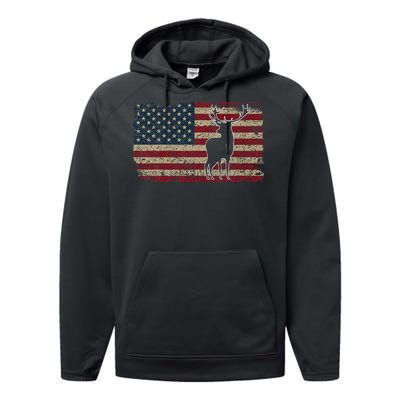 Deer Hunting American Flag I Proud Hunter Gift Idea Performance Fleece Hoodie