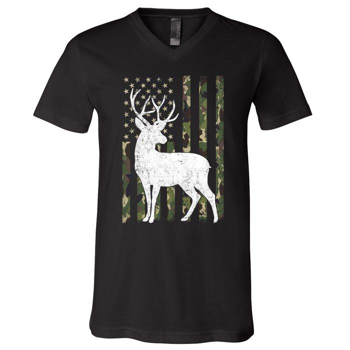 Deer Hunting American Flag Camo V-Neck T-Shirt