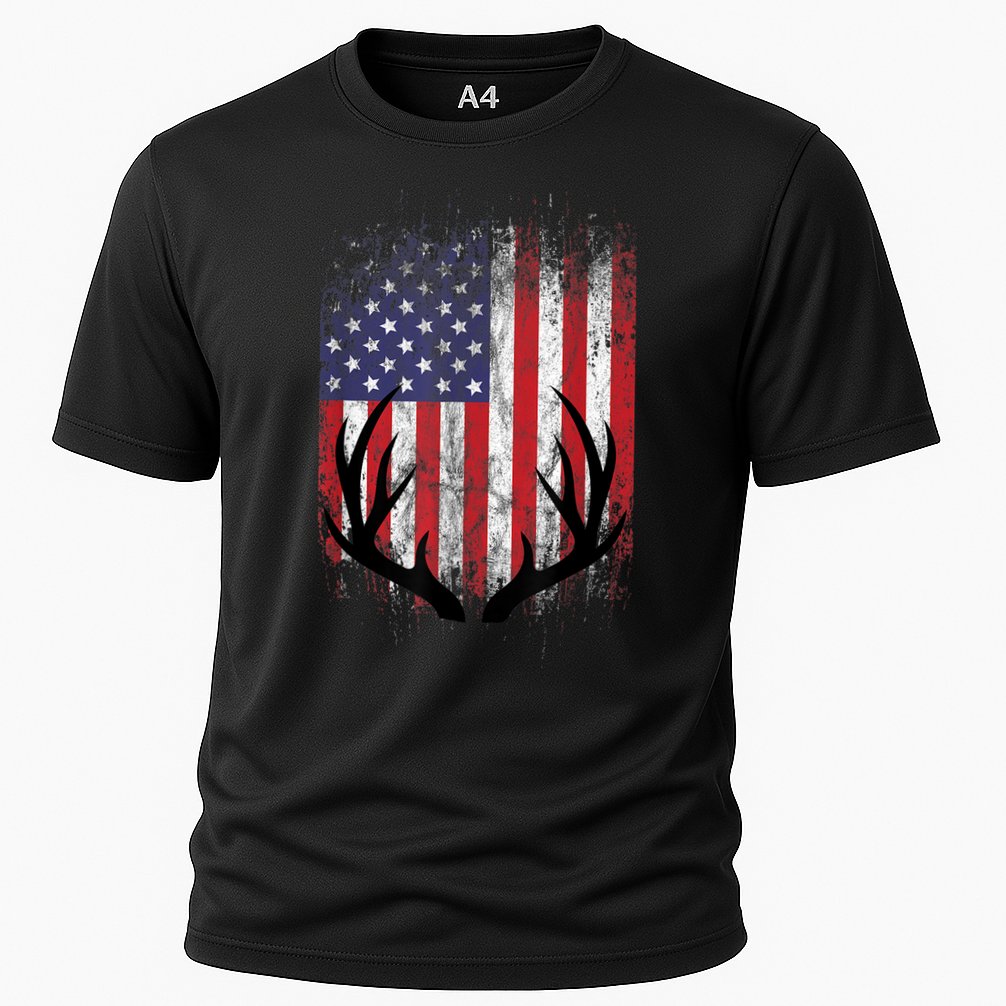 Deer Hunting American Flag Whitetail Buck Antlers Cooling Performance Crew T-Shirt
