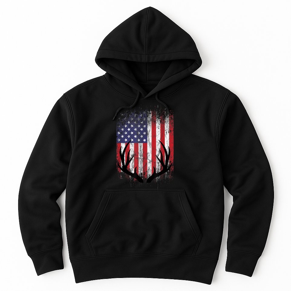 Deer Hunting American Flag Whitetail Buck Antlers Hoodie