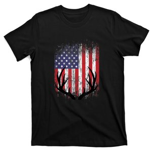 Deer Hunting American Flag Whitetail Buck Antlers T-Shirt