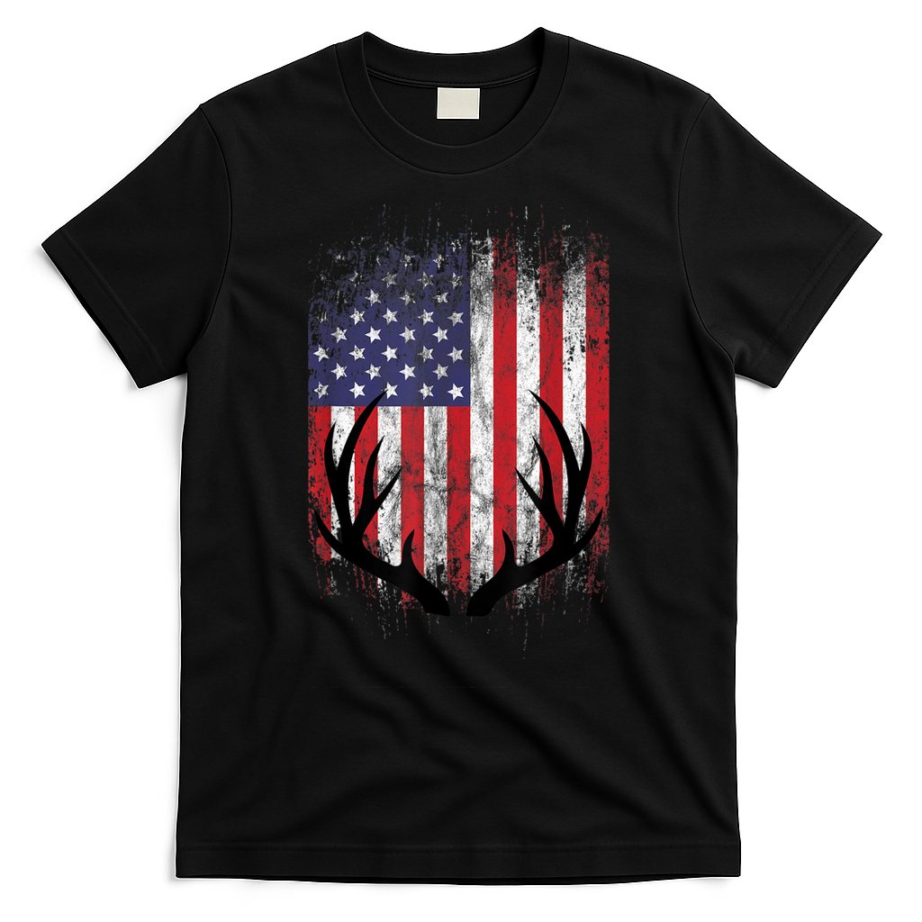 Deer Hunting American Flag Whitetail Buck Antlers T-Shirt