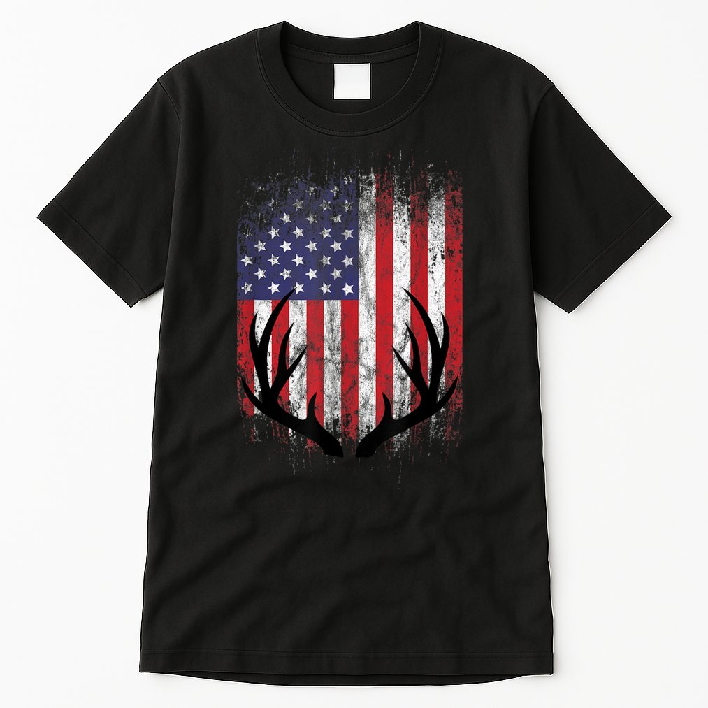 Deer Hunting American Flag Whitetail Buck Antlers Tall T-Shirt