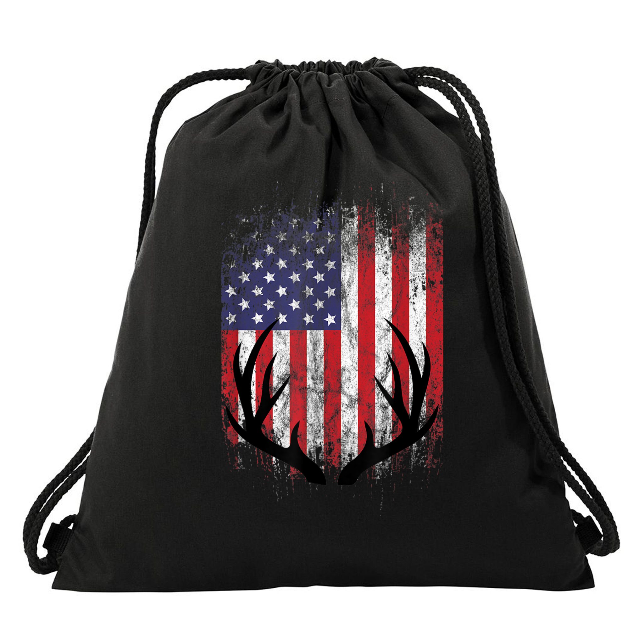 Deer Hunting American Flag Whitetail Buck Antlers Drawstring Bag