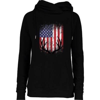 Deer Hunting American Flag Whitetail Buck Antlers Womens Funnel Neck Pullover Hood