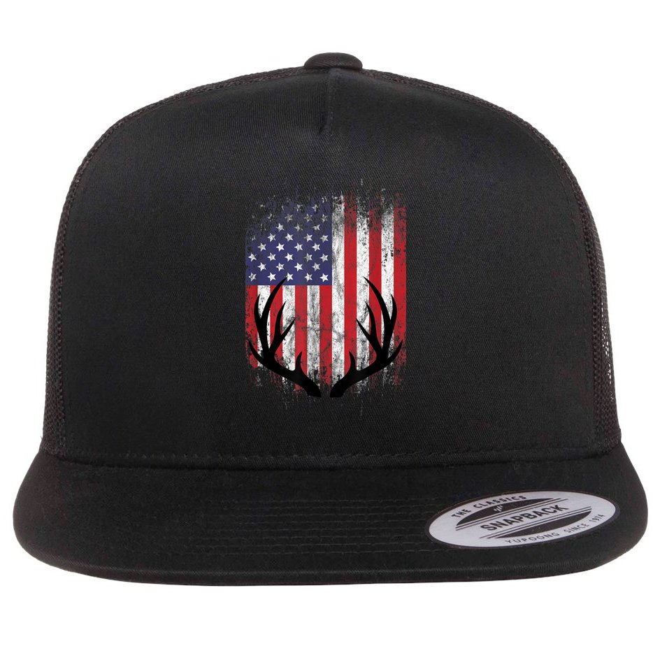 Deer Hunting American Flag Whitetail Buck Antlers Flat Bill Trucker Hat