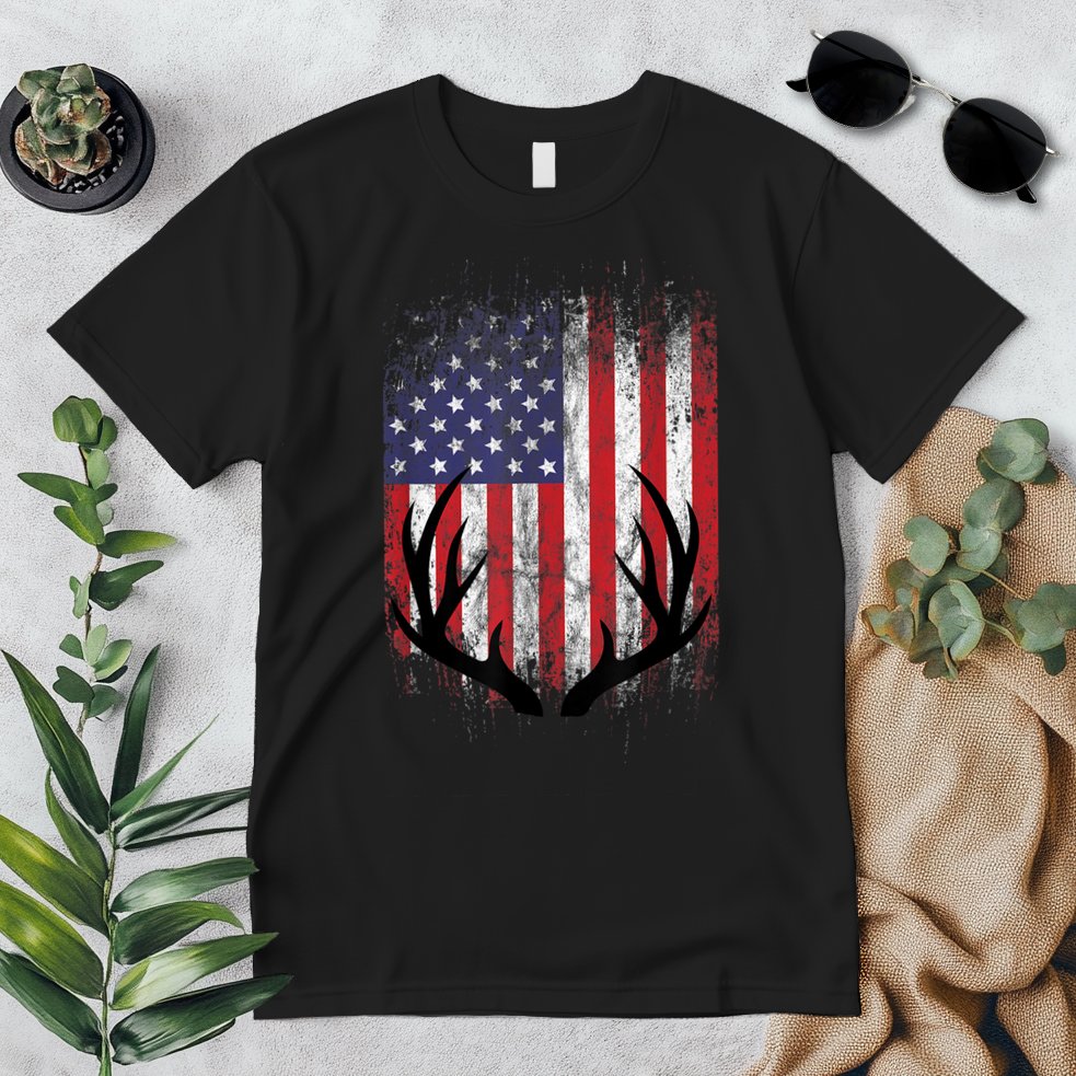 Deer Hunting American Flag Whitetail Buck Antlers Premium T-Shirt