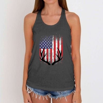 Deer Hunting American Flag Whitetail Buck Antlers Women's Knotted Racerback Tank