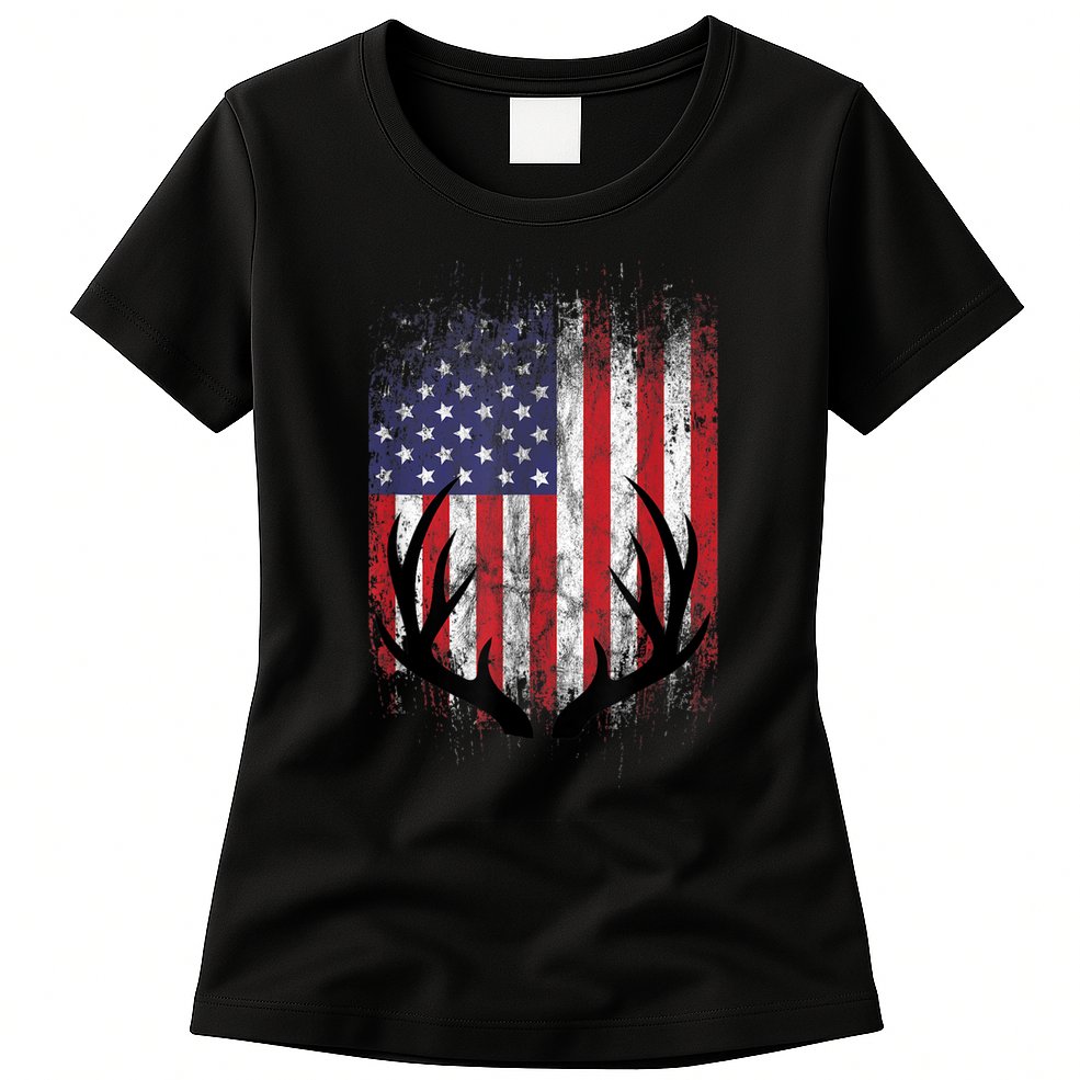 Deer Hunting American Flag Whitetail Buck Antlers Womens T-Shirt