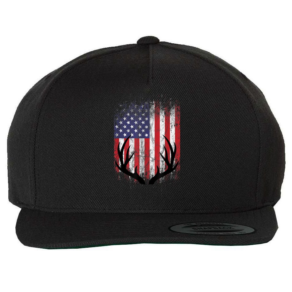 Deer Hunting American Flag Whitetail Buck Antlers Wool Snapback Cap