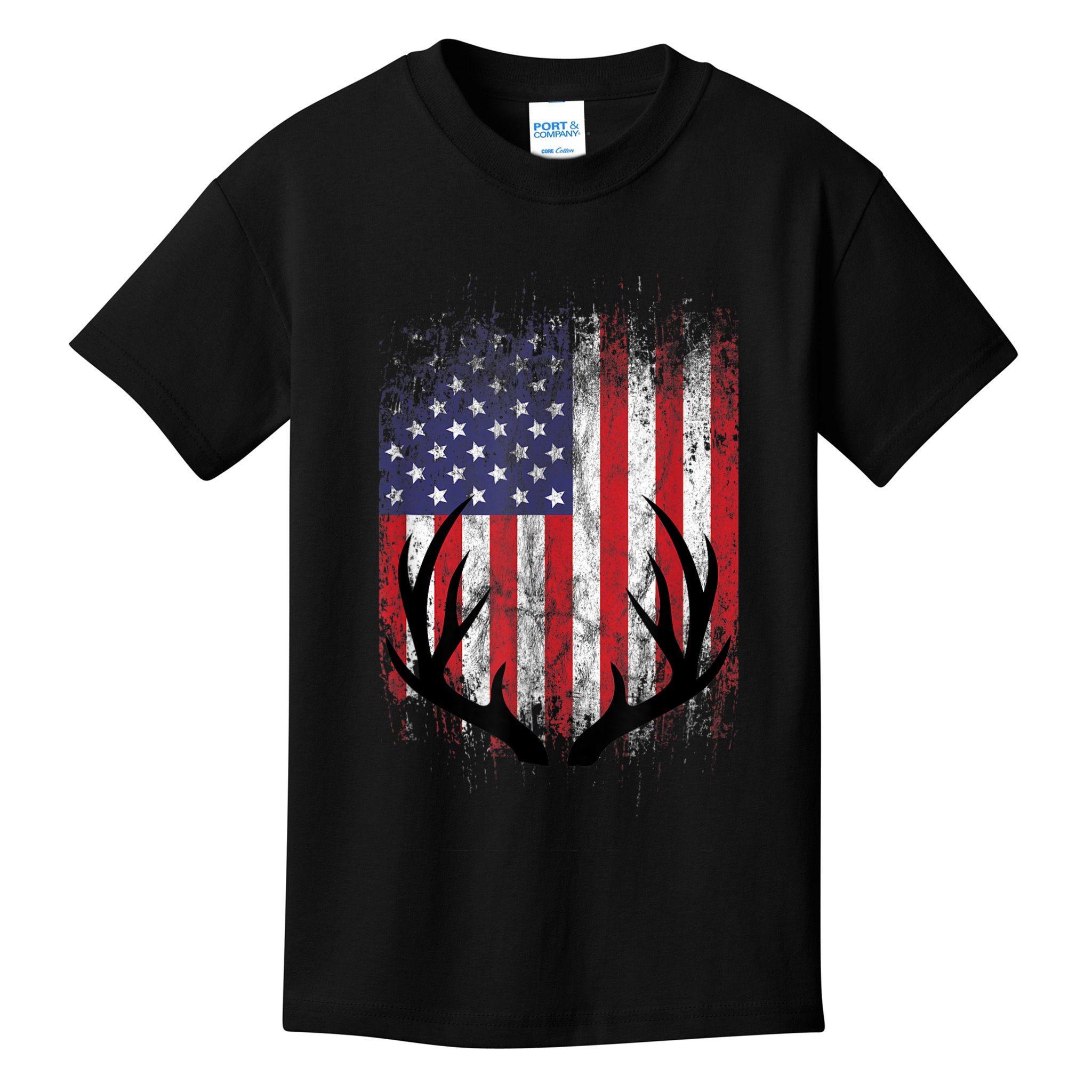 Deer Hunting American Flag Whitetail Buck Antlers Kids T-Shirt