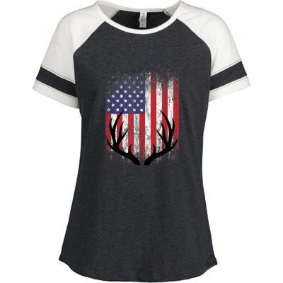 Deer Hunting American Flag Whitetail Buck Antlers Enza Ladies Jersey Colorblock Tee