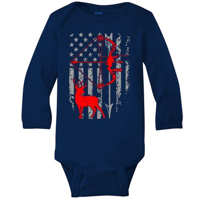 Deer Hunting American Flag Gift Bow Cool Hunting Gift For Hunters Baby Long Sleeve Bodysuit