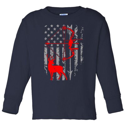 Deer Hunting American Flag Gift Bow Cool Hunting Gift For Hunters Toddler Long Sleeve Shirt