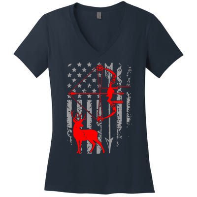 Deer Hunting American Flag Gift Bow Cool Hunting Gift For Hunters Women's V-Neck T-Shirt