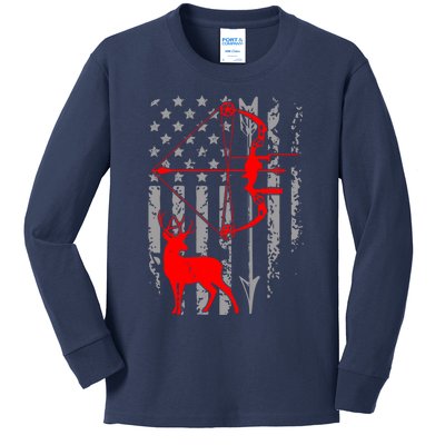 Deer Hunting American Flag Gift Bow Cool Hunting Gift For Hunters Kids Long Sleeve Shirt