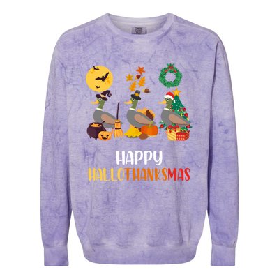 Duck Halloween And Merry Christmas Happy Hallothanksmas Meaningful Gift Colorblast Crewneck Sweatshirt