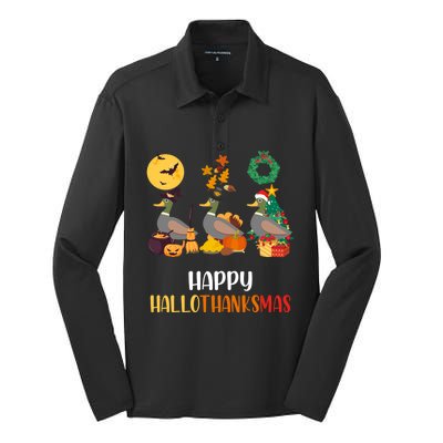 Duck Halloween And Merry Christmas Happy Hallothanksmas Meaningful Gift Silk Touch Performance Long Sleeve Polo