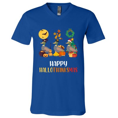 Duck Halloween And Merry Christmas Happy Hallothanksmas Meaningful Gift V-Neck T-Shirt