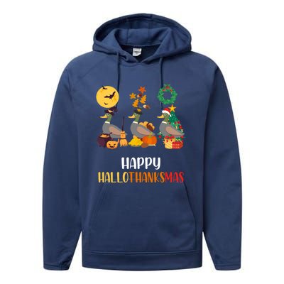 Duck Halloween And Merry Christmas Happy Hallothanksmas Meaningful Gift Performance Fleece Hoodie