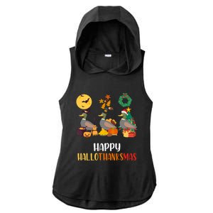 Duck Halloween And Merry Christmas Happy Hallothanksmas Gift Ladies PosiCharge Tri-Blend Wicking Draft Hoodie Tank