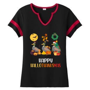 Duck Halloween And Merry Christmas Happy Hallothanksmas Gift Ladies Halftime Notch Neck Tee