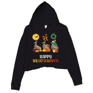 Duck Halloween And Merry Christmas Happy Hallothanksmas Gift Crop Fleece Hoodie