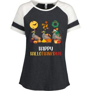 Duck Halloween And Merry Christmas Happy Hallothanksmas Gift Enza Ladies Jersey Colorblock Tee