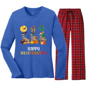 Duck Halloween And Merry Christmas Happy Hallothanksmas Gift Women's Long Sleeve Flannel Pajama Set 