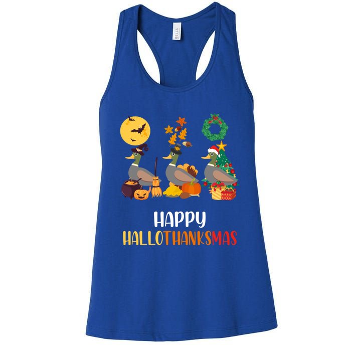 Duck Halloween And Merry Christmas Happy Hallothanksmas Gift Women's Racerback Tank