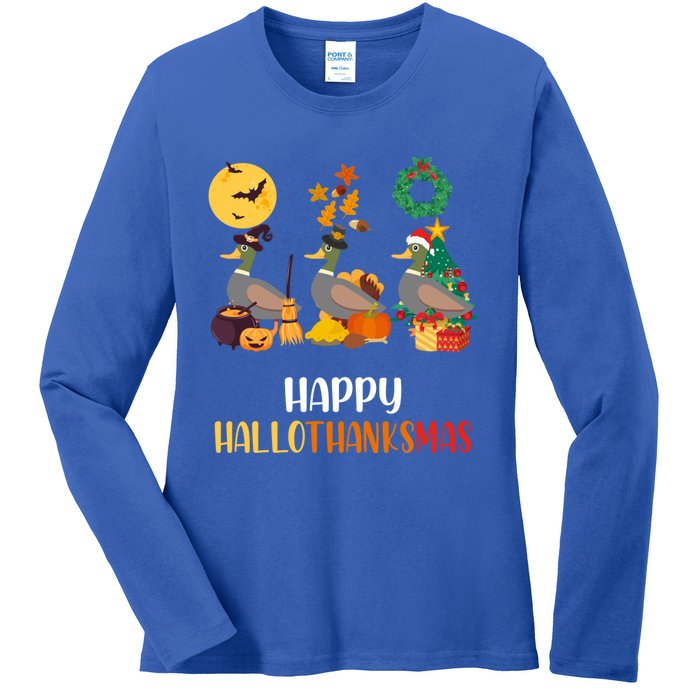 Duck Halloween And Merry Christmas Happy Hallothanksmas Gift Ladies Long Sleeve Shirt