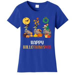 Duck Halloween And Merry Christmas Happy Hallothanksmas Gift Women's T-Shirt