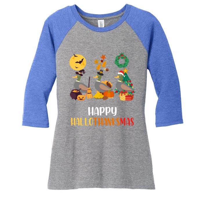 Duck Halloween And Merry Christmas Happy Hallothanksmas Gift Women's Tri-Blend 3/4-Sleeve Raglan Shirt