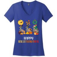 Duck Halloween And Merry Christmas Happy Hallothanksmas Gift Women's V-Neck T-Shirt