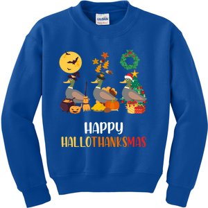 Duck Halloween And Merry Christmas Happy Hallothanksmas Gift Kids Sweatshirt